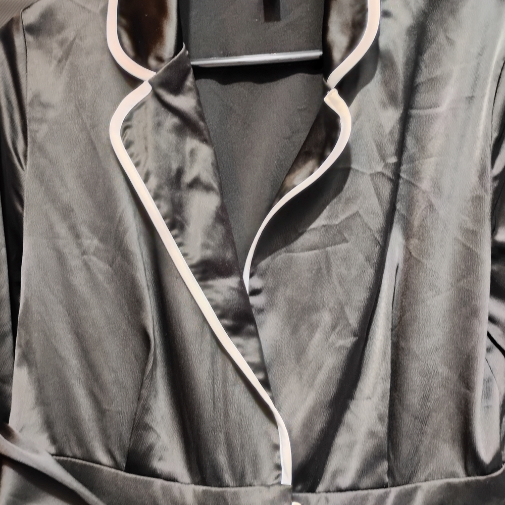 Luxurious Jumpsuit Black Satin Robe with White Piping Size M